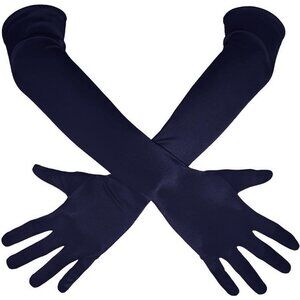 Women's Navy Shiny Satin Long Gloves Elbow Length Wedding Dancing Party Tea